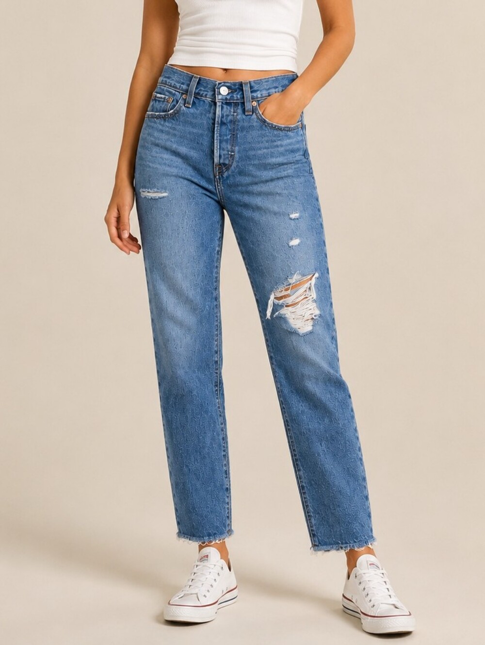 Levi's Distressed Medium Blue High-Rise Straight Jeans